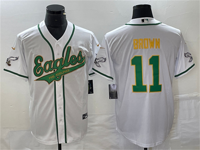 Men's White Gold Philadelphia Eagles #11 A. J. Brown Cool Base Stitched Baseball Jersey